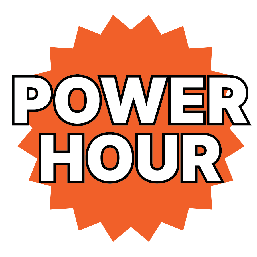 Bright orange 20-pointed star with white text "Power Hour" over it